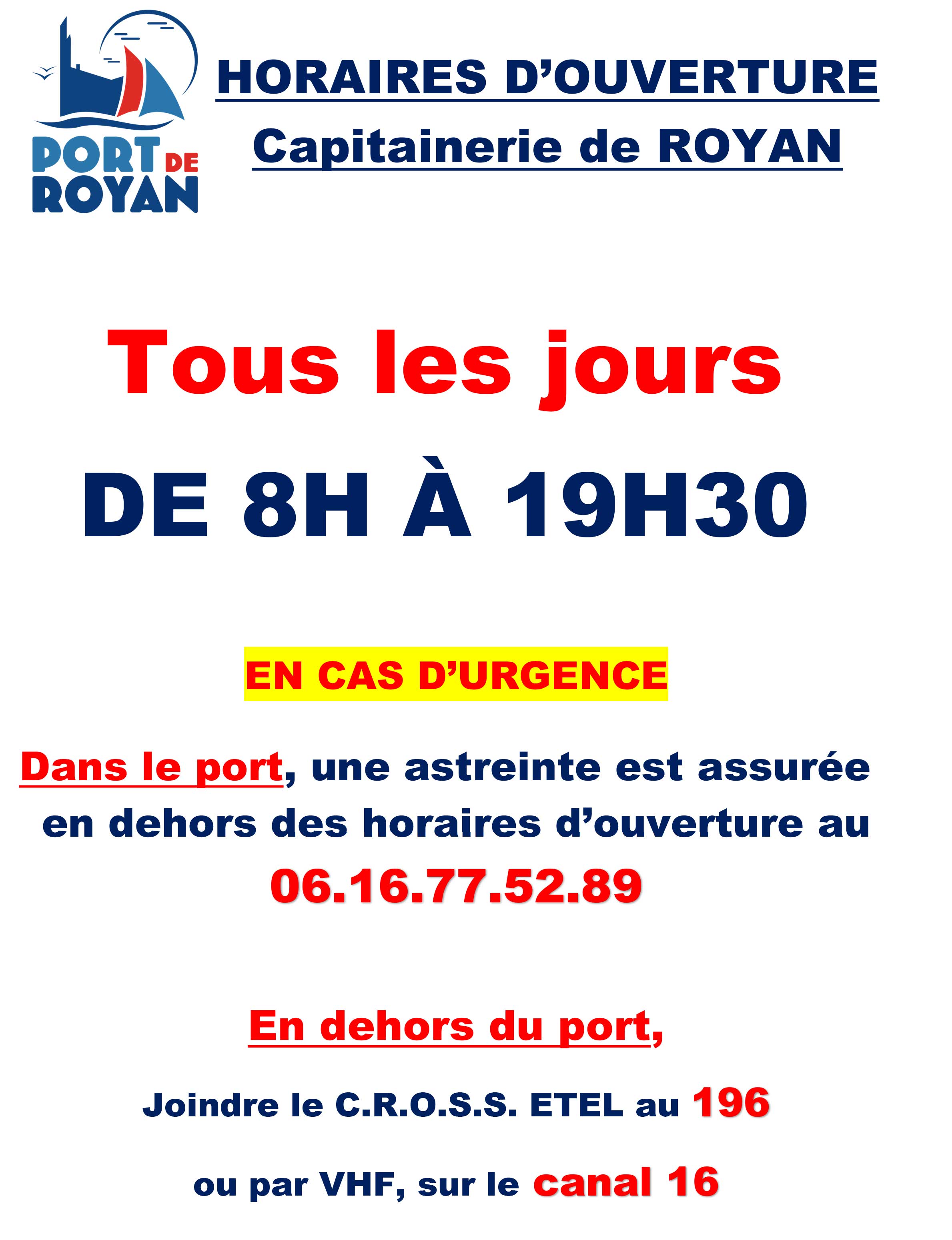 horaires capitainerie port de Royan