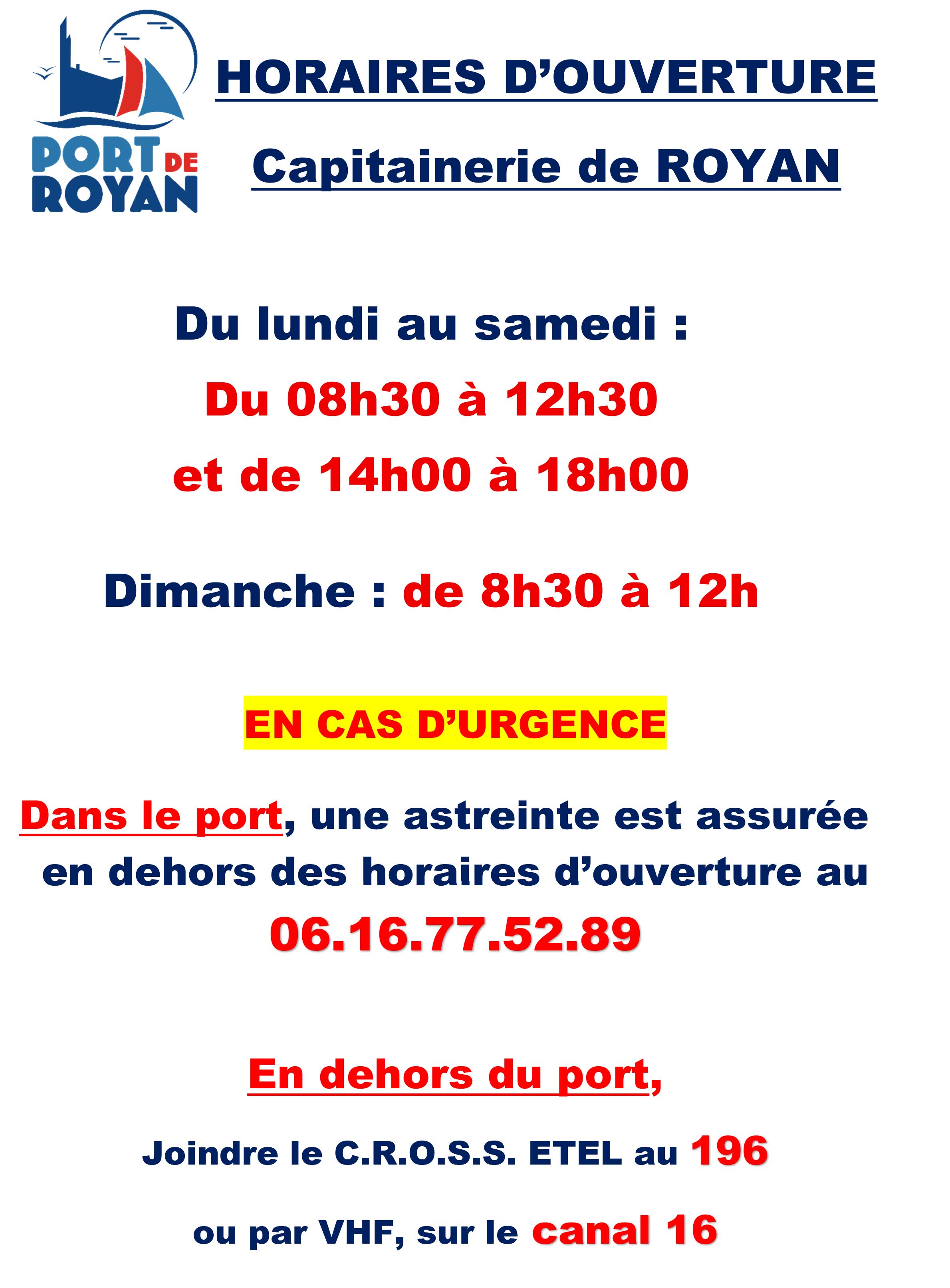 horaires capitainerie port de Royan